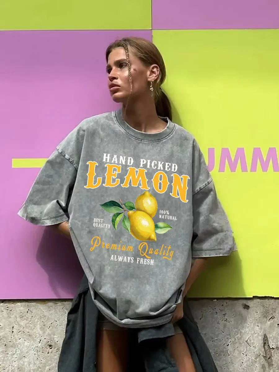 Color: black, Size: M - Summer Lemon Washed T-Shirts Womens Cotton Oversized O-Neck T Shirts Fresh Fruit Prints Tops Casual Short Sleeve Woman Clothes