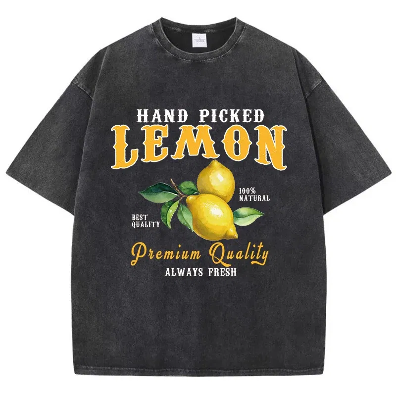 Color: black, Size: M - Summer Lemon Washed T-Shirts Womens Cotton Oversized O-Neck T Shirts Fresh Fruit Prints Tops Casual Short Sleeve Woman Clothes