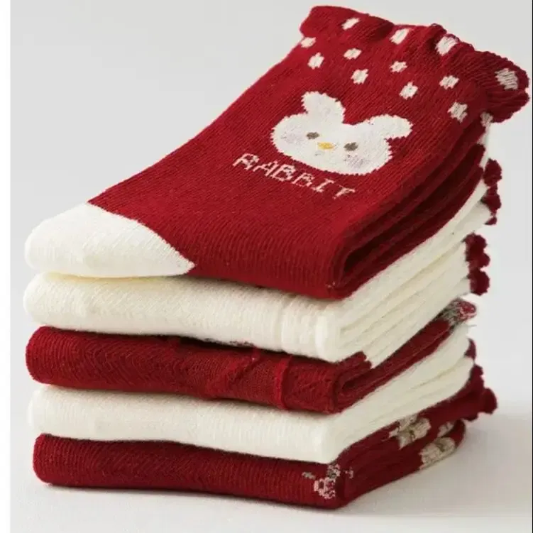Color: WHITE, Size: 10-12T - Kids Autumn Socks Cute Red Floral Pattern Sock Girls New Year Calf Socks Children's Socks 5 Pairs Cotton Socks