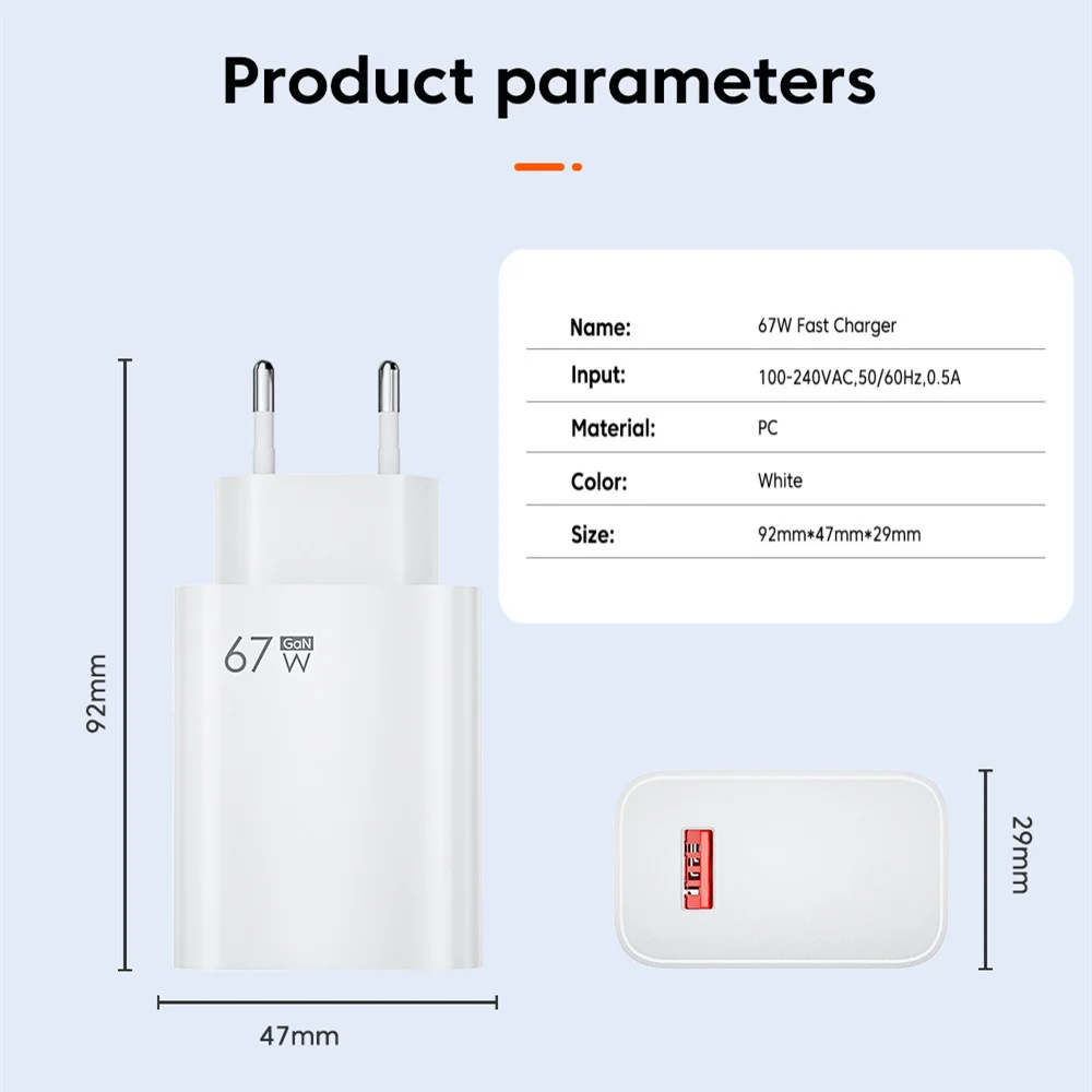 67W USB GaN Charger Quick Charge3.0 Phone Adapter EU/US Plug For iPhone Samsung Xiaomi Huawei Fast Charging Phone Wall Charger