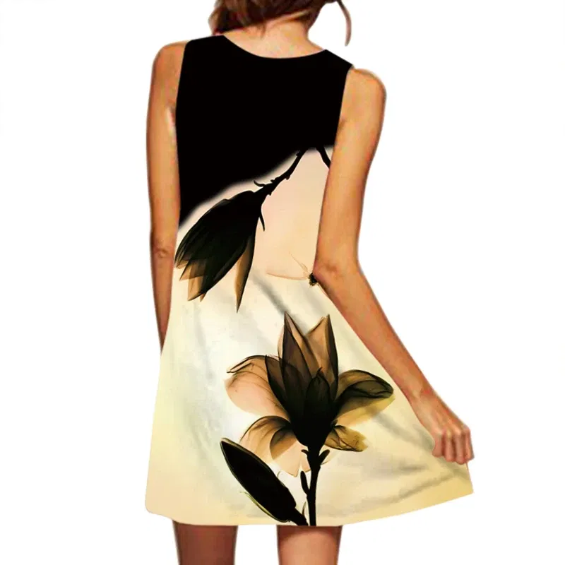 Size: XXL, Color: MULTI - 2024 European and American Cross-border WOMEN'S Clothing New Dress V-neck Sleeveless Sexy Printed Large Hem Medium Length Dress