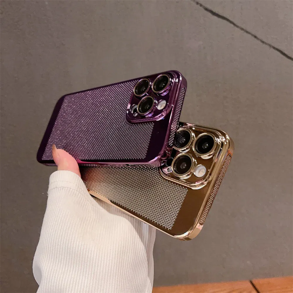 Color: Pink, Material: Carbon Fiber - Luxury Plating Hollowed Out Case for iPhone 12 13 Mini 11 14 Pro Max X XR Xs Max 7 8 Plus Heat Dissipation Shockproof Lens Cover