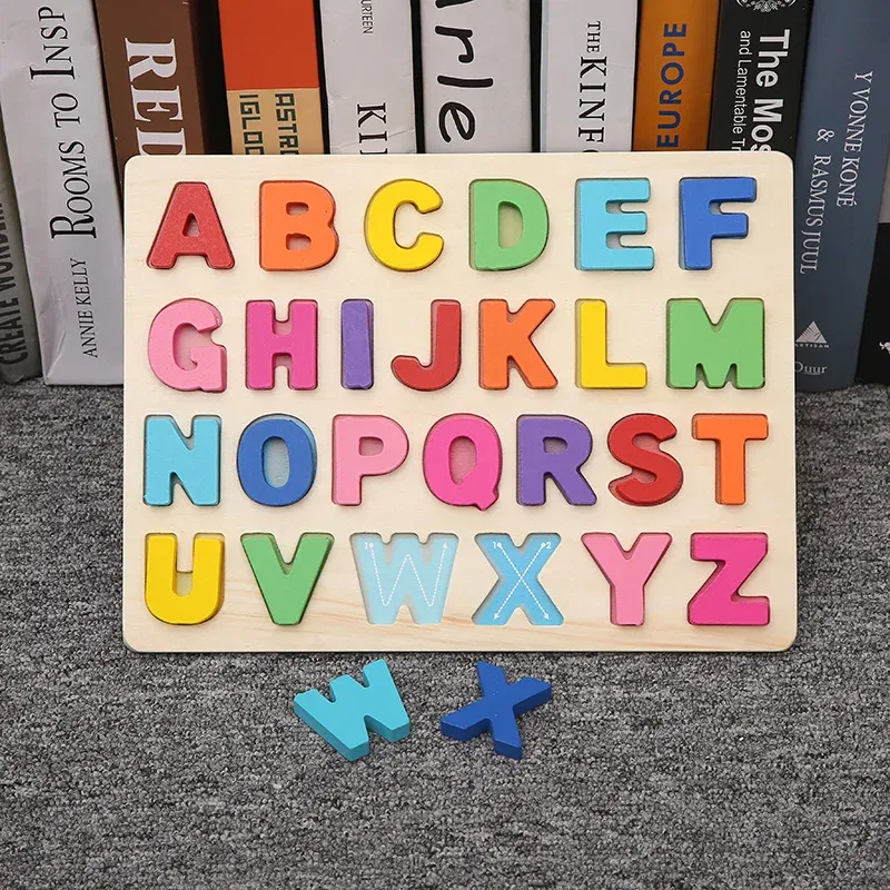 Color: Burgundy - Baby Wooden Puzzles Montessori Toys 1 2 Years Toddler Toys Hand Grab Board Alphabet Number Cognition Learning Educational Toys