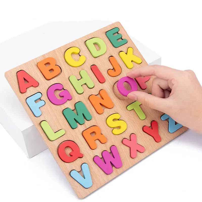 Color: Burgundy - Baby Wooden Puzzles Montessori Toys 1 2 Years Toddler Toys Hand Grab Board Alphabet Number Cognition Learning Educational Toys