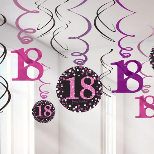 Sparkling Pink 18th Birthday Hanging Swirls - Pack of 12