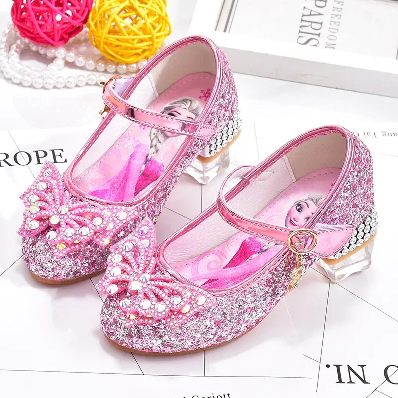 Color: PURPLE, Shoe Size: 30 - Disney Princess Elsa Leather Shoes Girls' High Heels Shoes Fashion Girls' Crystal Shiny Children's Blue Pink Shoes Size 26-35
