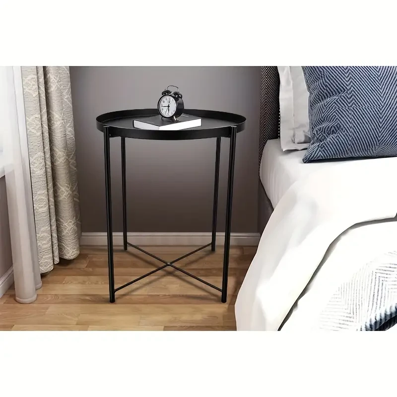 Minimalist Metal Round Tray Side Table, Carbon Steel Frame, Removable Top, Easy To Clean