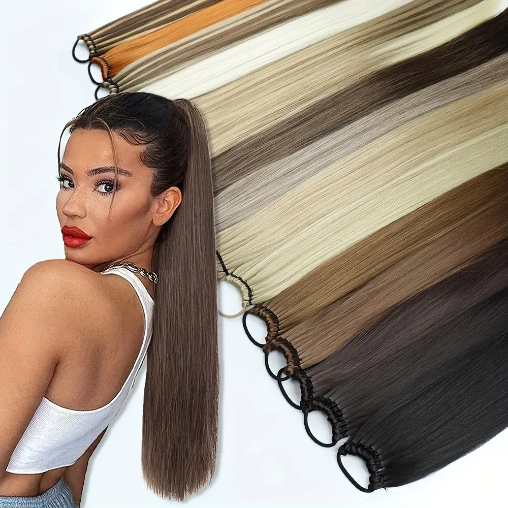 Color: T1B/613, Ships From: CHINA, Stretched Length: 24inches - Synthetic 24Inch Ponytail Extensions Black Natural Braided Pony Tail Hairpiece Long Straight Rubber Band Hair For Women