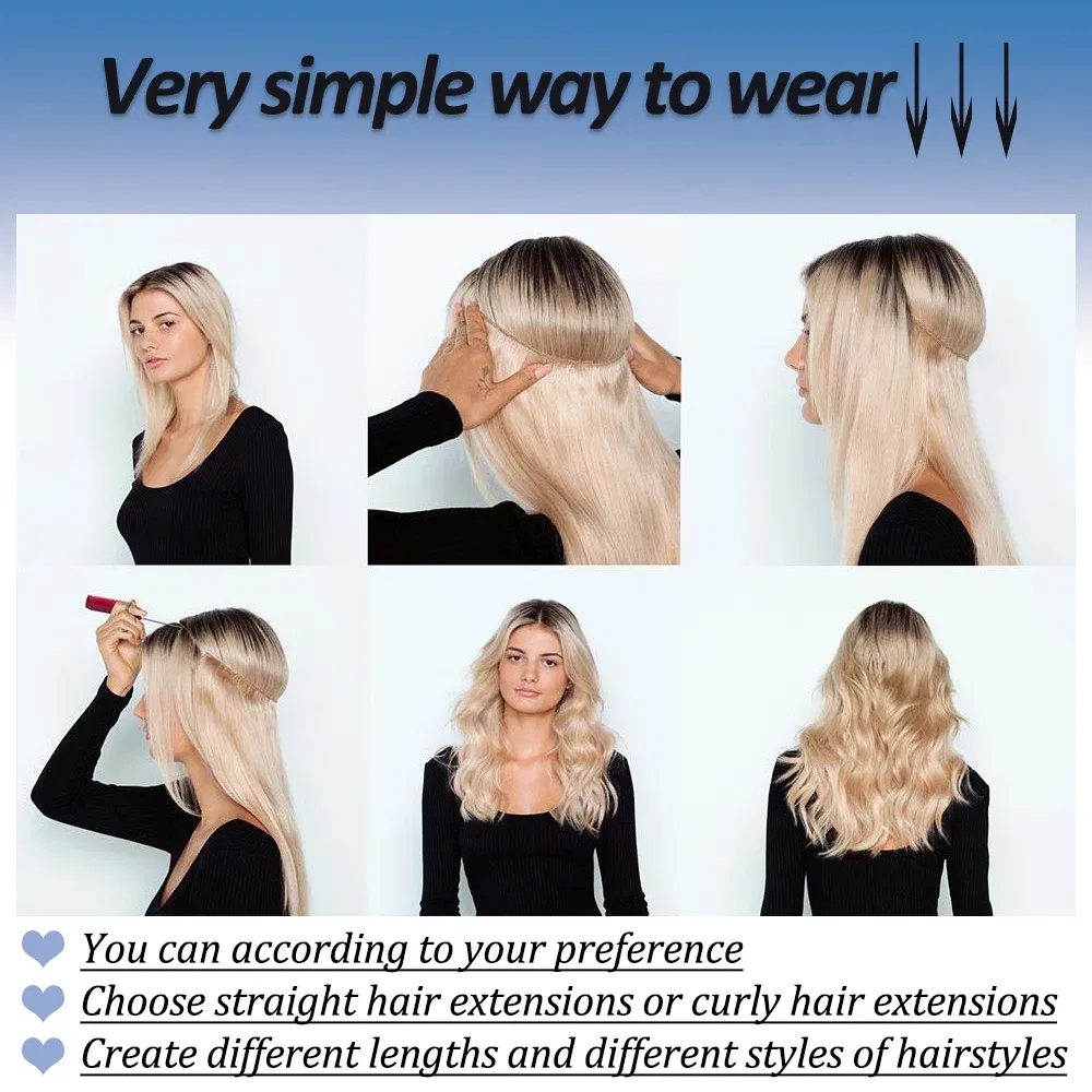 Color: #1, Stretched Length: 32inches, Ships From: CHINA - Synthetic Natural Wavy No Clip Fish Line Invisible Hair Extensions Mixed Color Blonde Black Artificial False Hair Piece ForWomen