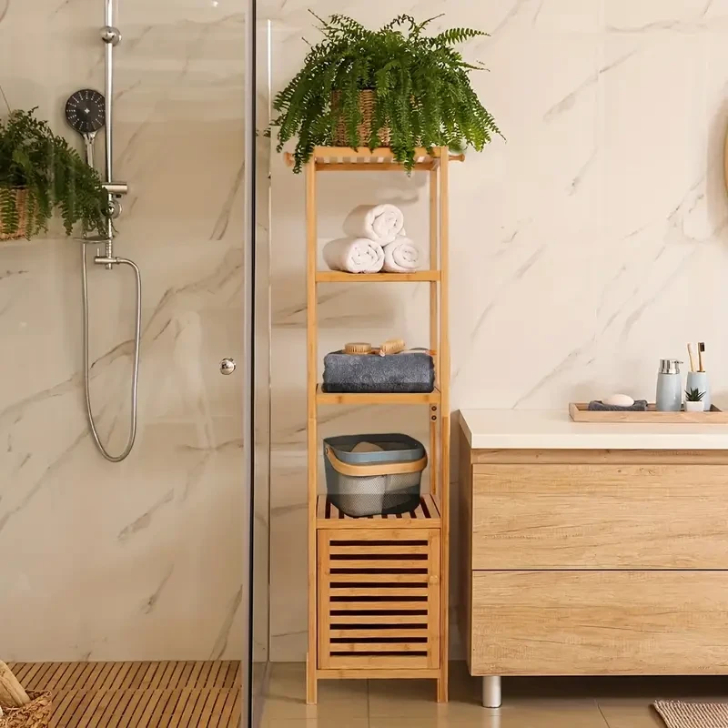 4 Tiers Multifunctional Floor Tall Slim Storage Cabinet Bathroom Storage Cabinet With Shelves Bamboo Towel Cabinet For Living Room Organizer