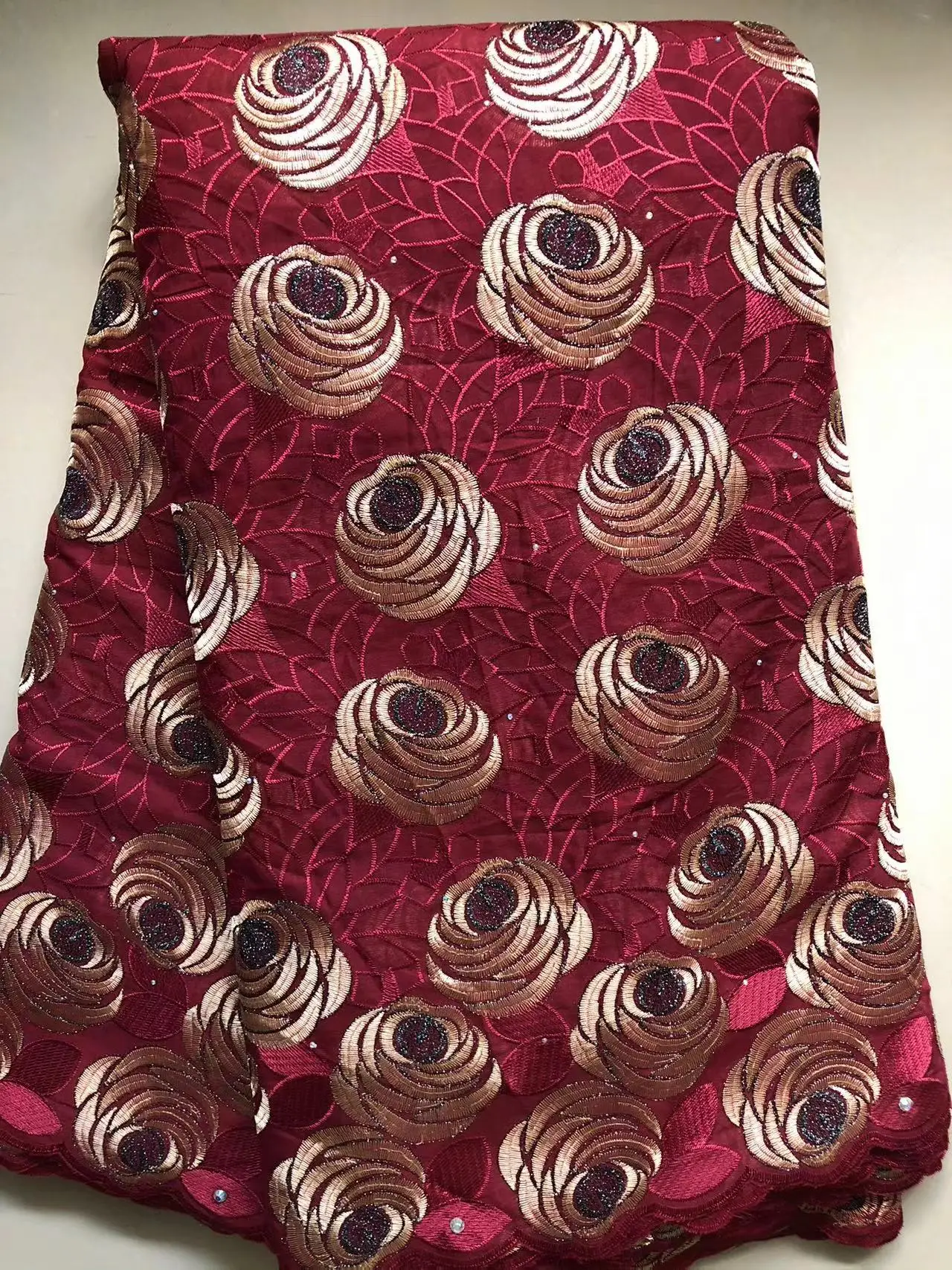 Color: Gold, Length: 5 yards, Width: 120cm - Nigerian Cotton Voile Lace Fabrics With Stones 2024 African Swiss Voile Lace Fabric For Wedding Sewing Women Wedding Party Dress