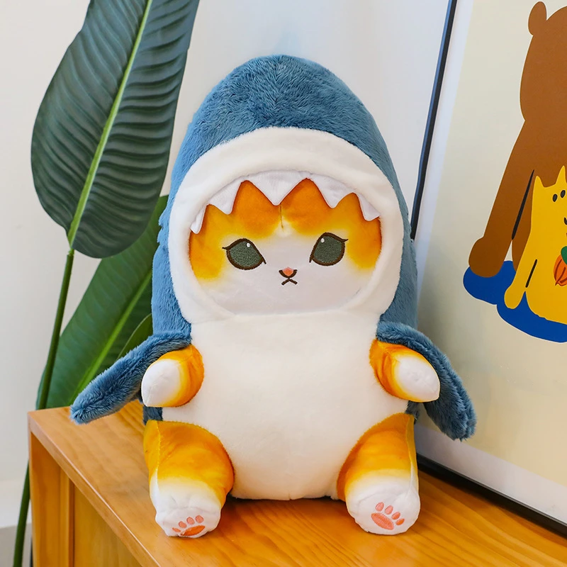 Color: WHITE, Height: 0-10cm - Funny Shark Cat Transformed Cat Doll Plush Toy for Kids, Kawaii Girl Rag Doll, Children's Pillow, Creative Gift, New Product