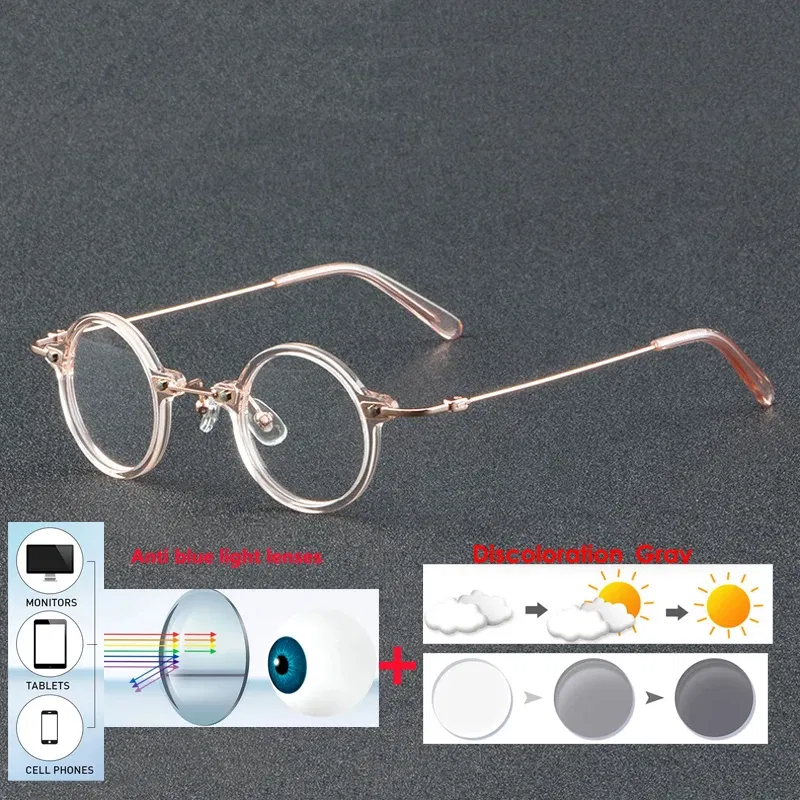 Frame Color: GRAY, Eye Prescription: +450 - VCKA Anti-blue Discolor Acetate+Titanium Myopia Glasses Frames Small Round Men Prescription Optical Women Eyewear -0.50 to -10.0