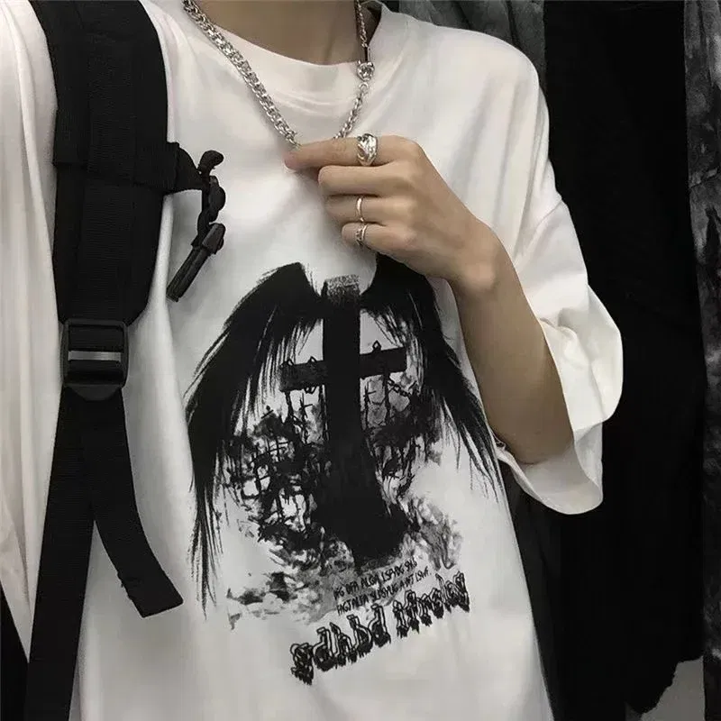 Color: SKY BLUE, Size: L - Men T-shirts 2023 Summer Streetwear High Street Gothic Skull Tshirt Loose Oversized Short-sleeved T shirt Dark Anime Men Y2k Top