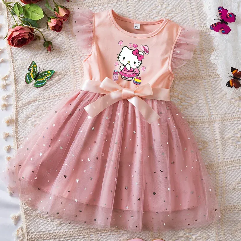 Color: Dark Grey, Kid Size: 2T - Hello Kitty Girls Sequin Tutu Dress with Bow Flutter Sleeves Summer Princess Party Outfit for Toddler Kids 2-6 Years