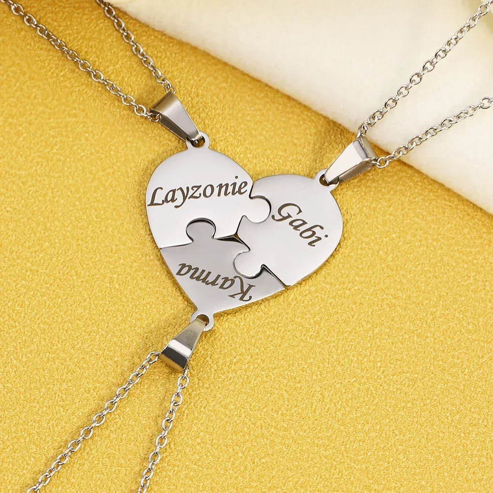 Metal Color: cobalt violet, Length: 55cm, Main Stone Color: Silver - Personalized Charm Stainless Steel Pendant Name Jigsaw Heart Necklace for Women Jewelry for Men Family Name Chains Necklace