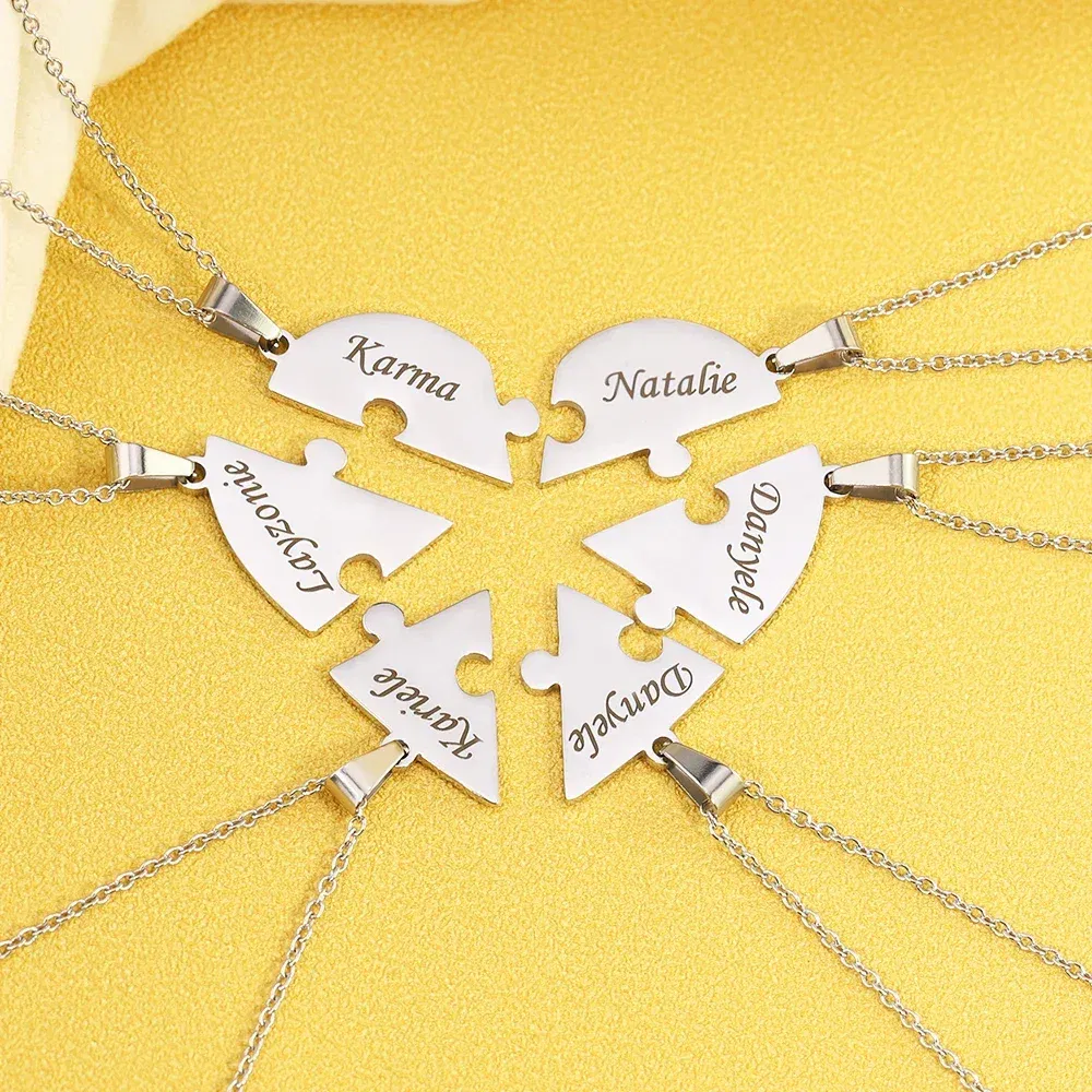 Metal Color: cobalt violet, Length: 55cm, Main Stone Color: Silver - Personalized Charm Stainless Steel Pendant Name Jigsaw Heart Necklace for Women Jewelry for Men Family Name Chains Necklace