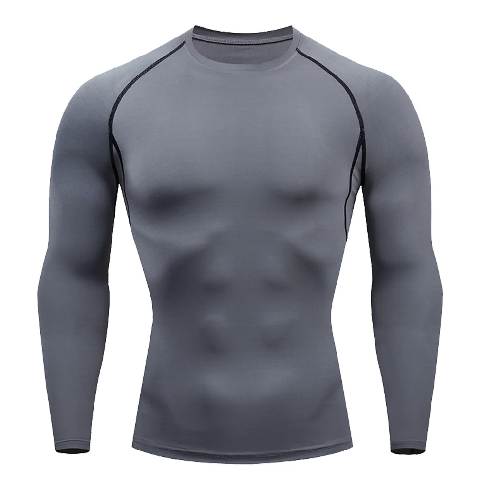 Color: Beige, Size: XXL - Men Bodybuilding Sports T-Shirt Quick Dry Running Shirt Long Sleeve Compression Top Gym T Shirt Men Fitness Tight Rashgad