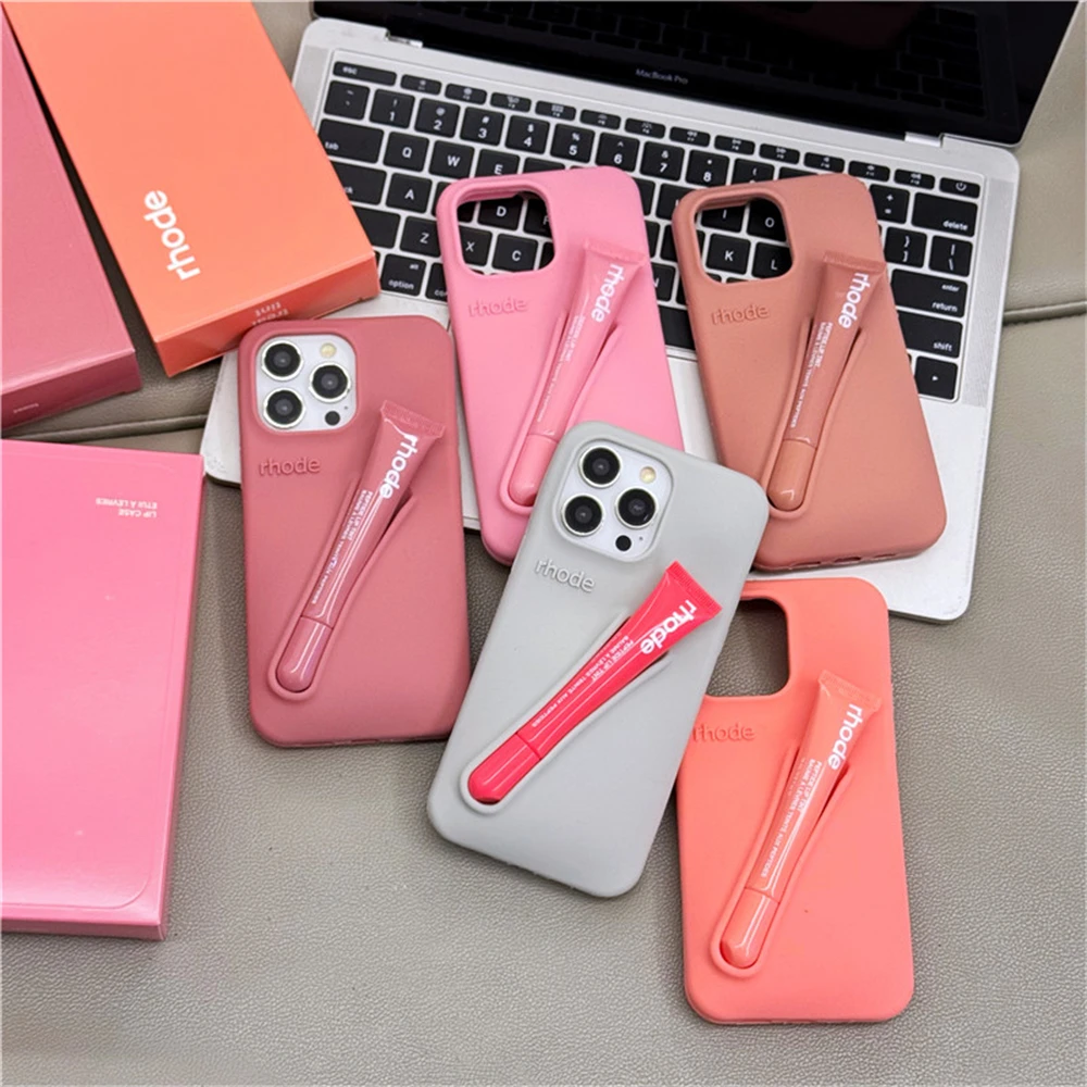 Color: PURPLE, Compatible-Phone Models: For iPhone 15 Plus - New Rhode Lipstick Soft Silicone Phone Case for iPhone 16 15 14 13 12 11 Pro Max Plus Portable Lip Gloss Holder Cover with Box