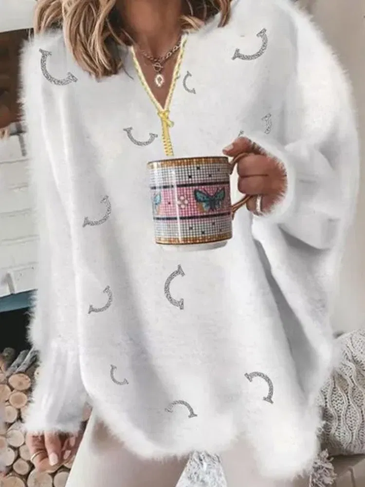 Color: Yellow, Size: M - Women's V Neck Long Sleeve Sweater Casual Loose Fit Pullover Sexy Zipper Warm Knit Printed 2024 Fashion Trend for Women