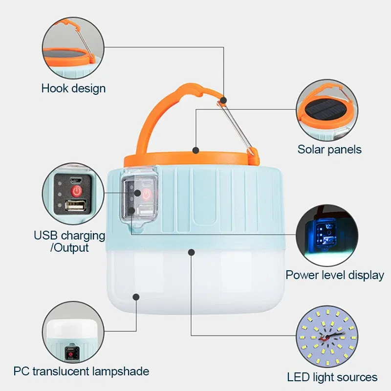 Wattage: 15W - Solar LED Camping Light USB Rechargeable Tent Lamp Outdoor Waterproof Emergency Lights Portable Lanterns Energy Saving Bulb