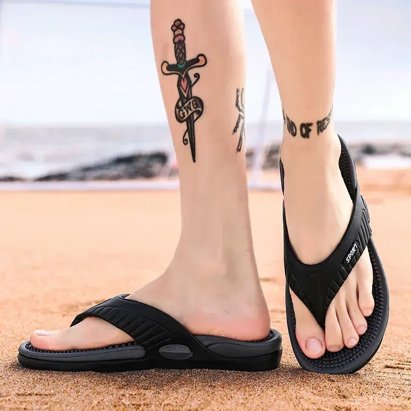Color: Beige, Shoe Size: 45 - Massage Flip Flops for Men Summer Breathable Beach Shoes Sandals Men Luxury Flip Flops Breathable Plus Big Size Men Slippers 46
