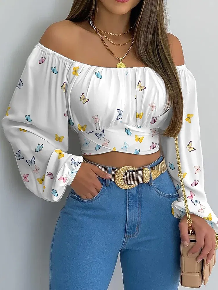 Color: Ivory, Size: S - Women Sexy Off Shoulder Blouse Chic and Elegant Printing Lantern Long Sleeve Lace Up Bow Cropped Tops Casual Slim Shirts 2024