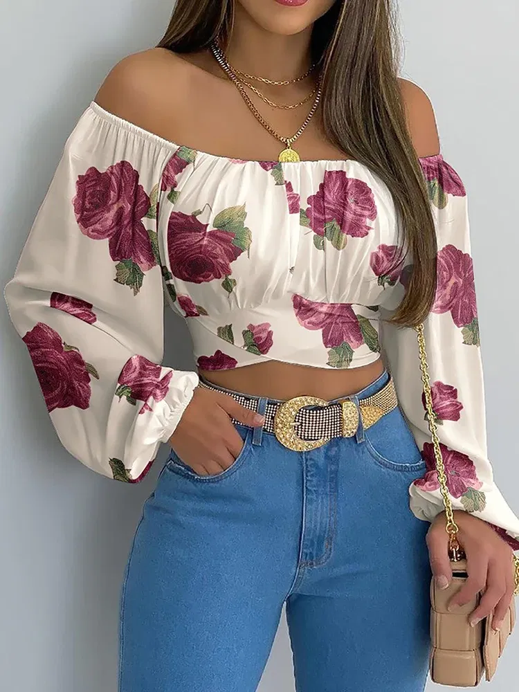 Color: Ivory, Size: S - Women Sexy Off Shoulder Blouse Chic and Elegant Printing Lantern Long Sleeve Lace Up Bow Cropped Tops Casual Slim Shirts 2024