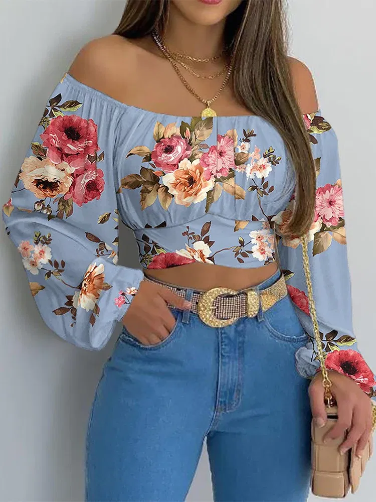 Color: Ivory, Size: S - Women Sexy Off Shoulder Blouse Chic and Elegant Printing Lantern Long Sleeve Lace Up Bow Cropped Tops Casual Slim Shirts 2024
