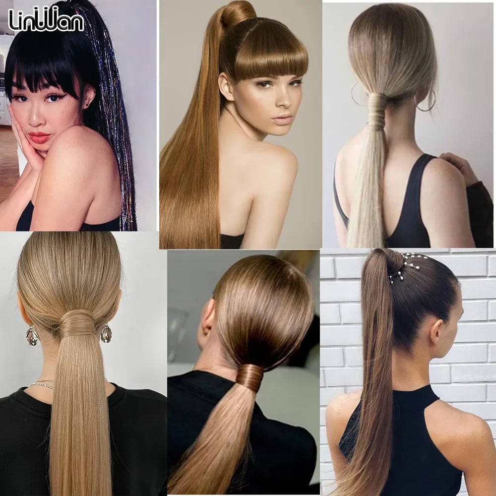 Color: #99 - LINWAN Synthetic Long Straight Wrap Around Clip In Ponytail Hair Extension Heat Reistan Pony Tail Fake Hair