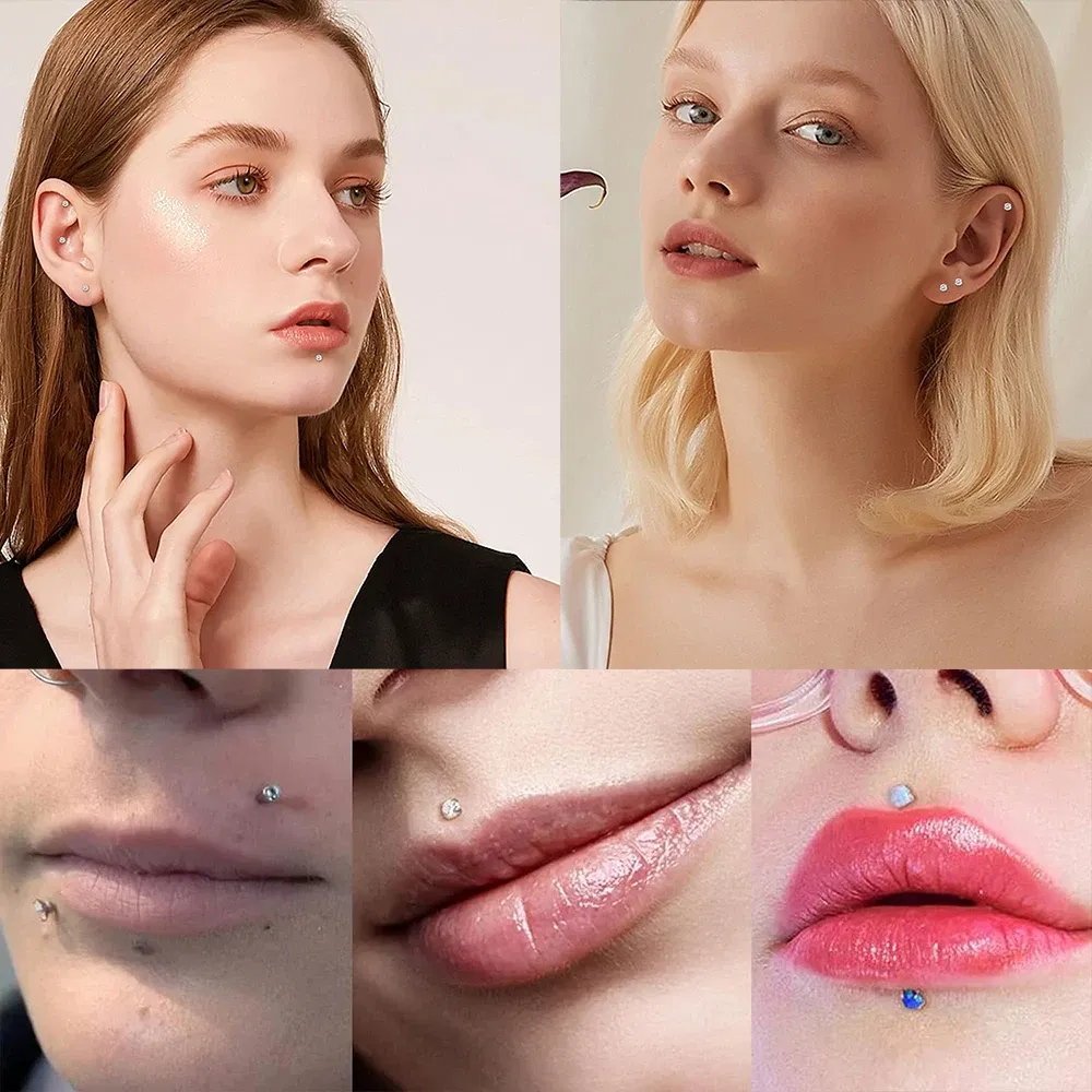 Metal color: Gold-color, Ships From: CHINA, Main Stone Color: COLOR - 10PCS ASTM F136 G23 Titanium Piercing Labret Lip Ring Stud Earring CZ Ear Tragus Cartilage Helix Daith Pierc Jewelry 16/18/20g