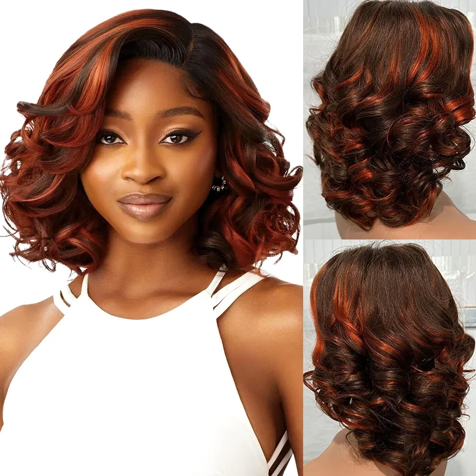 Hair Color: Natural Color, Density: 250%, Stretched Length: 12inches - 100% Human Hair Wig Highlight Bob Bouncy Loose Curly 12" 250% Density 5x5 HD Lace Closure Glueless Wigs Human Hair Ready To Wear