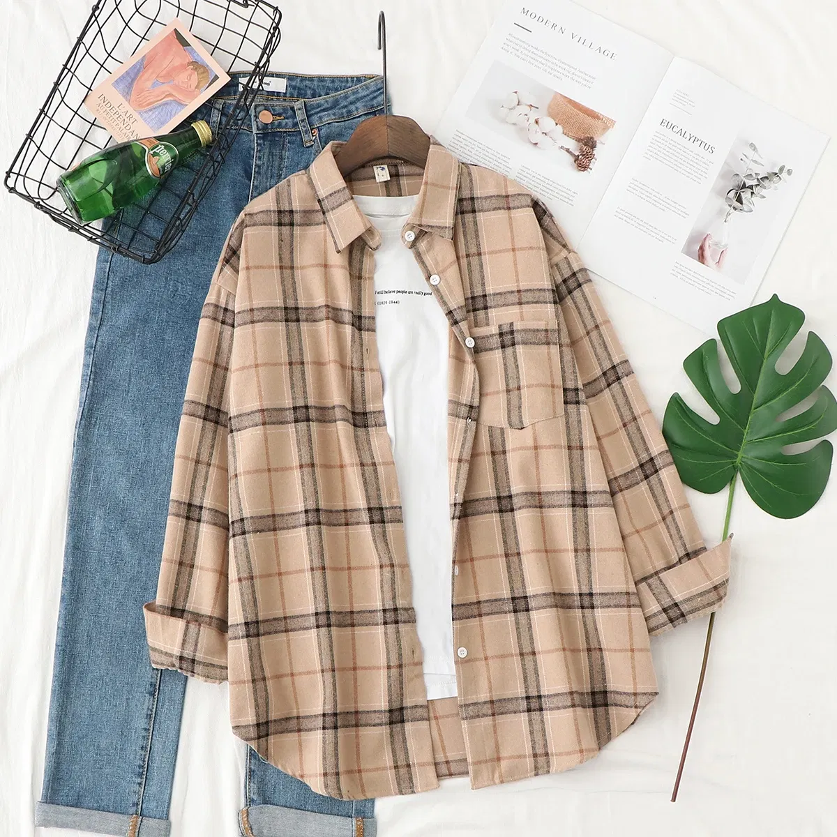 Color: Mixed Color, Size: L - Fresh Flannel Plaid Shirt Women 2025 New Female Blouses and Tops Cotton Loose Long Sleeve Casual Shirts Fine Women's Clothes