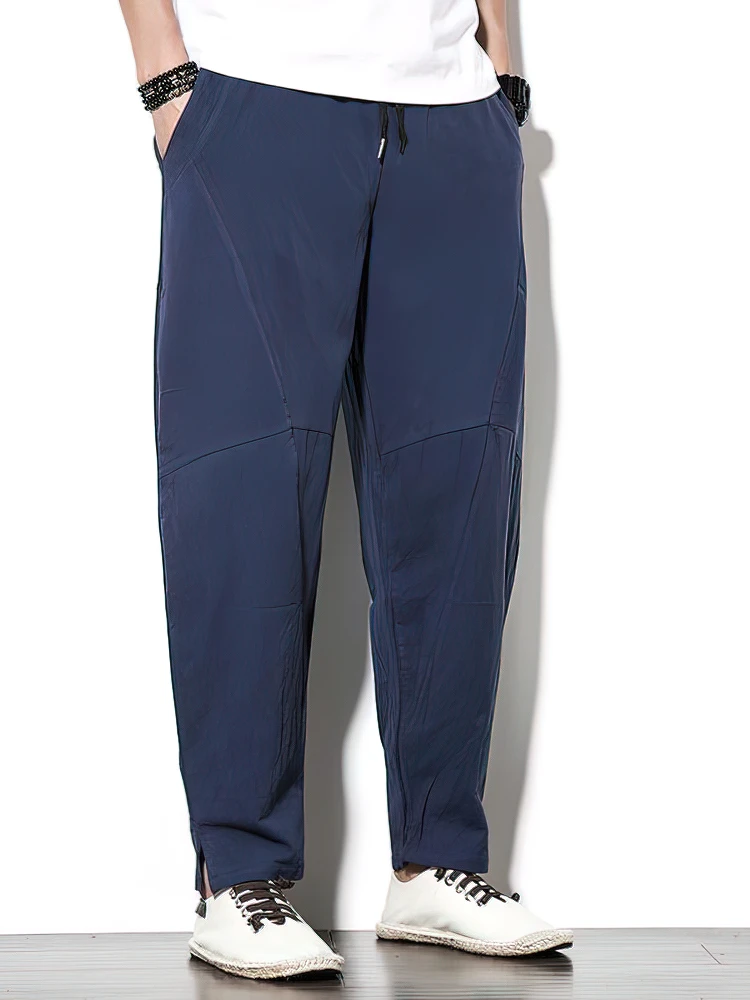 Color: black, Size: XXL - 100% Cotton Linen Pants Men Baggy Casual Trousers Male Walking Wide leg Loose Sweatpants Chinese Summer Jogger Pants 2025 New