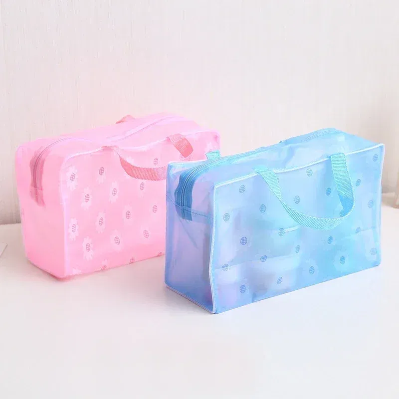 Color: Pink - Floral PVC Transparent Cosmetic Bag Clear Makeup Bag for Women Girl Waterproof Zipper Beauty Case Travel Toiletry Bags Handbag