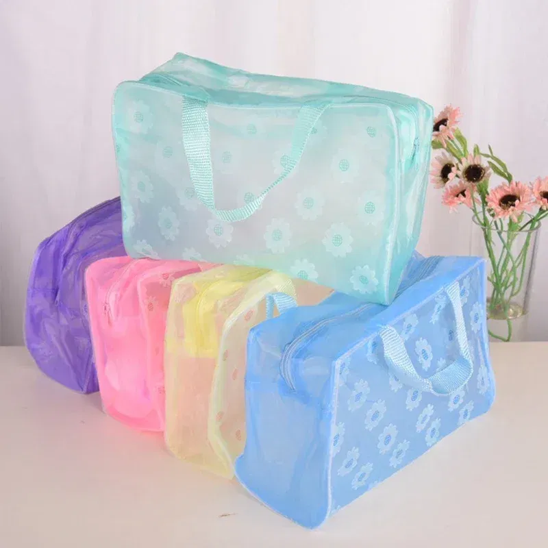 Color: Pink - Floral PVC Transparent Cosmetic Bag Clear Makeup Bag for Women Girl Waterproof Zipper Beauty Case Travel Toiletry Bags Handbag