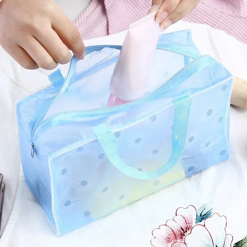 Color: Pink - Floral PVC Transparent Cosmetic Bag Clear Makeup Bag for Women Girl Waterproof Zipper Beauty Case Travel Toiletry Bags Handbag