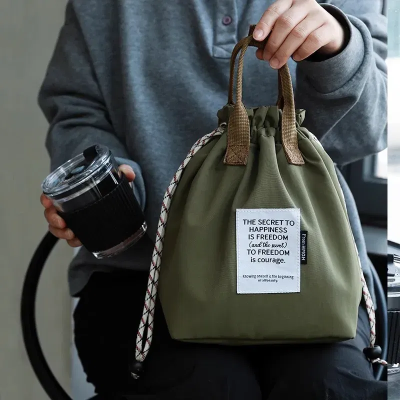 Color: Blue - Large Capacity Waterproof Lunch Bag with Drawstring Closure Thick Insulation Cooler Bento Bag for Picnic Work Student Handle Bag