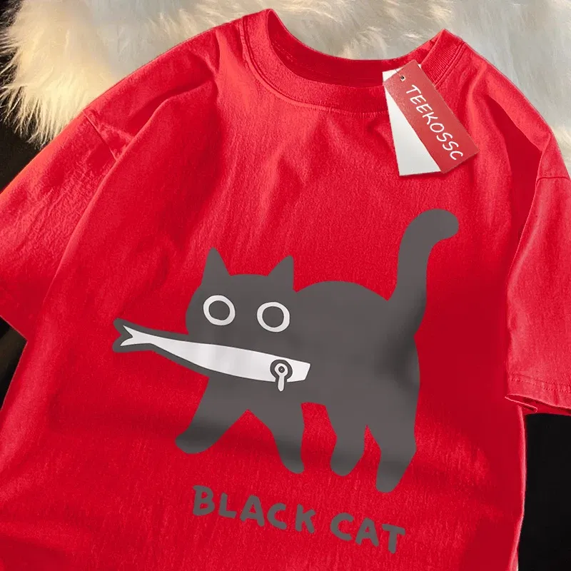 Color: GRAY, Size: XL - Fun A Black Cat Eating Fish Japanese Style Men Women T-Shirt Fashion Print T Shirt Breathable Oversize T-Shirts Cotton Clothes