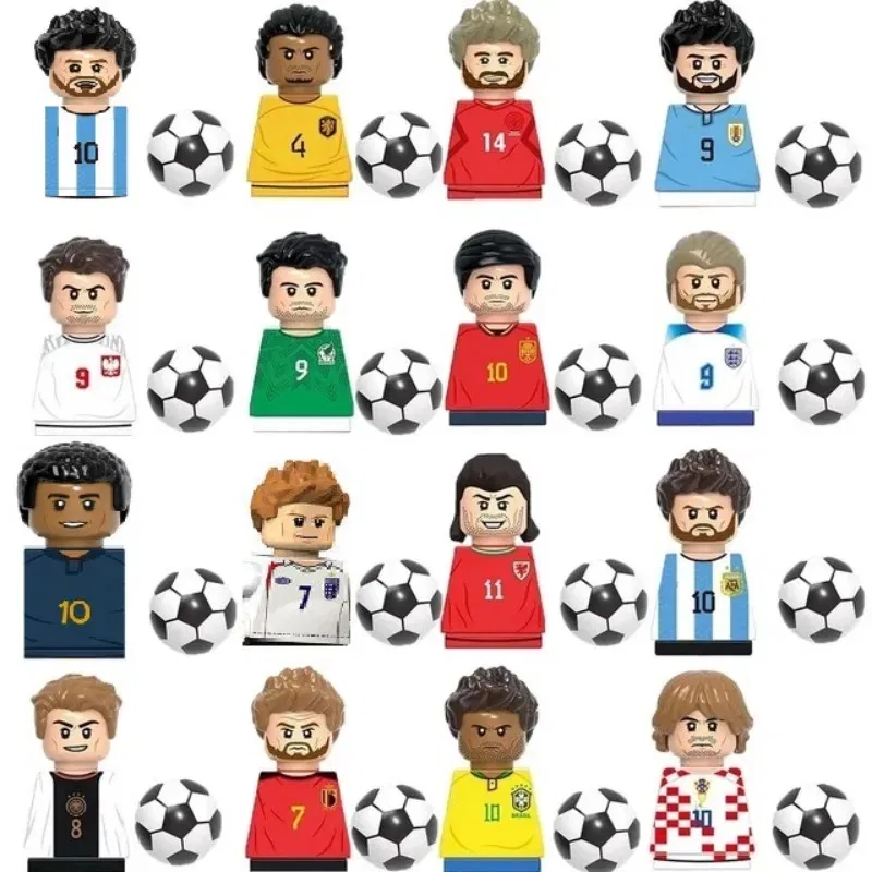 Color: Bright Light Blue - 1-16PCS Messi Ronaldo Neymar Lewandowski Soccer World Famous Football Players Figurine Mini Action Building Block Toy Kids Gifts