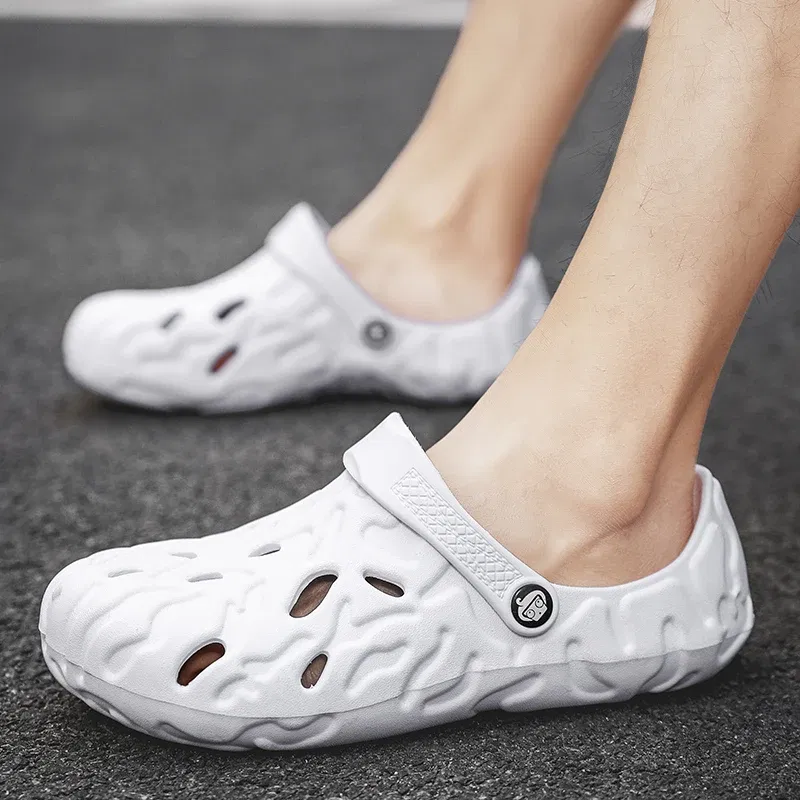Color: Blue, Shoe Size: 41 - Men Summer Slippers Thick Sole Mens Clogs Sandals Hollow Breathable Flip Flops Sandals Shoes Fashion Beach Slippers