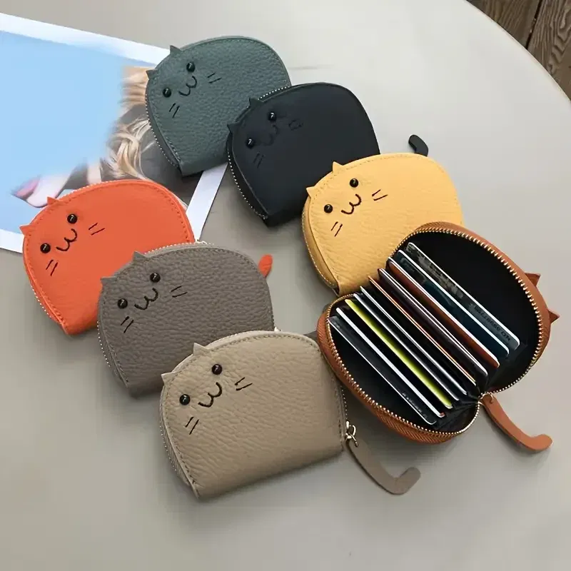 Color: Navy Blue - Cartoon Cat shaped design Wallet Women's Multi-card slots Holder Cute Fashion Faux Leather Coin Purse Creative ID Card Holder