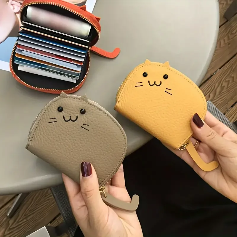 Color: Navy Blue - Cartoon Cat shaped design Wallet Women's Multi-card slots Holder Cute Fashion Faux Leather Coin Purse Creative ID Card Holder