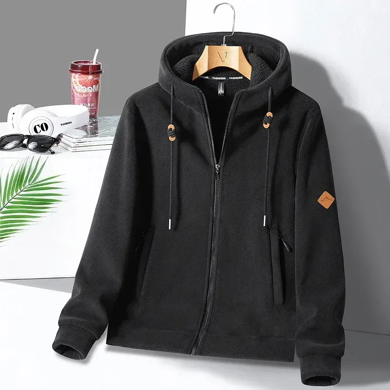 Color: black, Size: XL - Winter Warm Cashmere Jacket Mens High-end Ski Fleece Iined Thickened Hoodie Coat Casual Womens Outdoor Camping Cold-proof Jacket