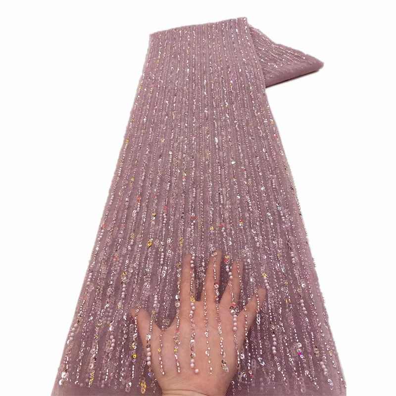 Color: Apricot, Length: 5 yards, Width: 120cm - African Lace Fabric 2025 Sequins Beaded Embroidery Groom Nigerian Bridal High Quality French Tulle Lace Fabric For Wedding