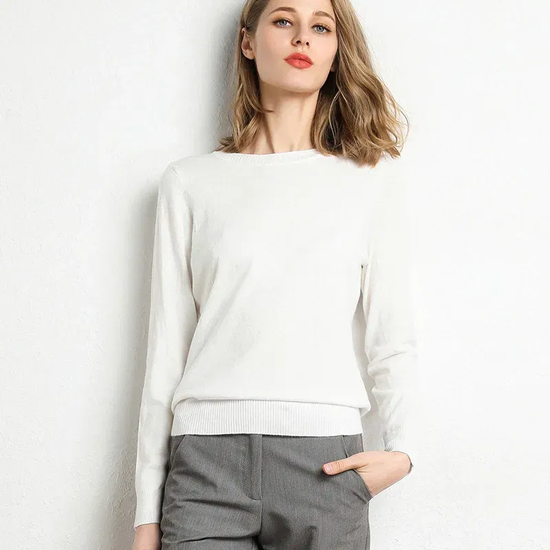 Color: GRAY, Size: M - Women Slim O-Neck Solid Pullover Cashmere Wool Blending Sweater Autumn And Winter Long-Sleeved Knit Bottoming Shirt Large Size