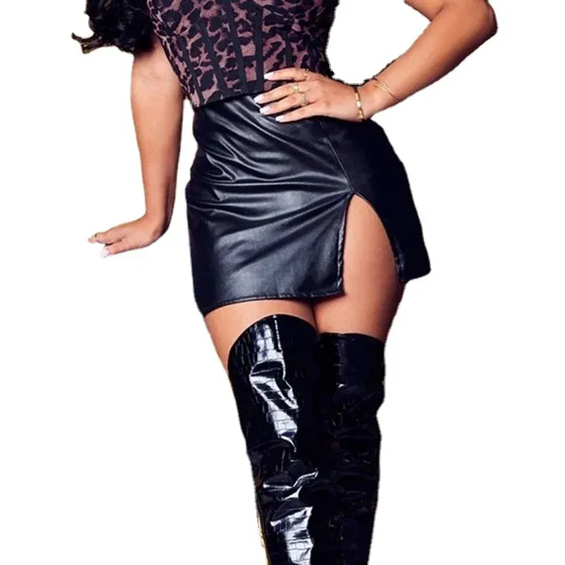 Color: Dark Green, Size: M - S M L XL XXL Women's Skirt High Waist Split Leather Skirt Wrap Hip Skirt Plus Size Pencil Skirt