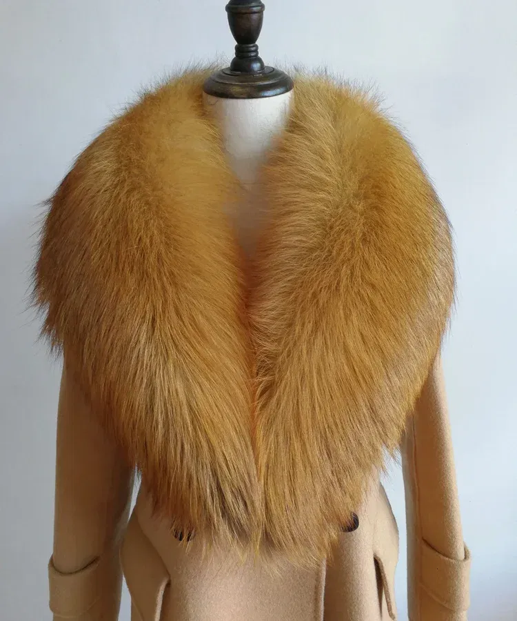 Color: Yellow, Size: XXS - Winter Real Fox Fur Collar Woman Furry Natural Raccoon Fur Scarf Shawls Luxury Neck Warmer Wraps For Coat Fur Scarves Large Size