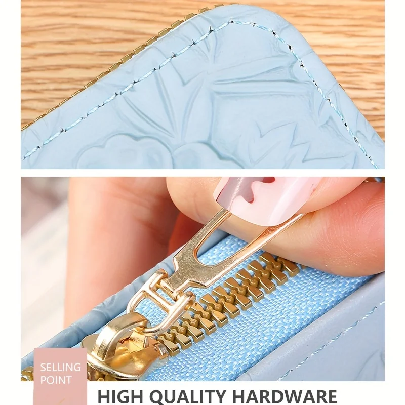 Color: SKY BLUE - Floral Embossed Long Wallet, PU Leather Credit Card Holder, Simple Trendy Phone Coin Clutch Purse For Women Hand-painted Wallet