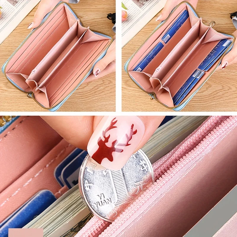 Color: SKY BLUE - Floral Embossed Long Wallet, PU Leather Credit Card Holder, Simple Trendy Phone Coin Clutch Purse For Women Hand-painted Wallet